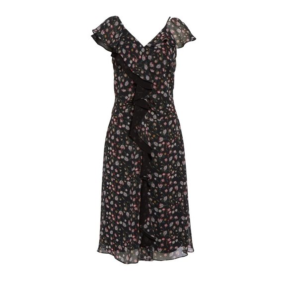 Sam Edelman Black Floral V-Neck Ruffled Midi Dress Size 4 - Picture 8 of 16